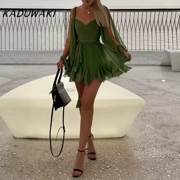 KADUWAKI femmes couleur unie sans bretelles manches col en v Robe tempérament Chic dos nu cravate