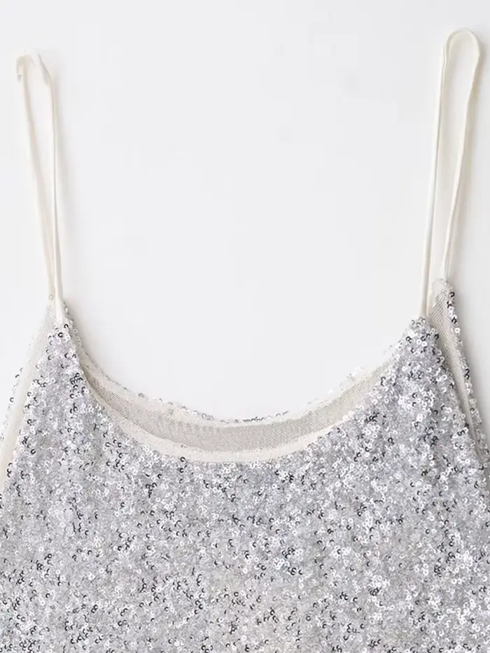 Robe élégante à paillettes pour femmes, automne-hiver, sans manches, col bateau, brillante, robes de soirée, douces vacances, robes argentées, 2025