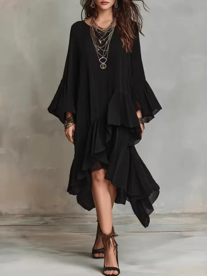 Robe élégante unie à col rond, ample, à volants, ourlet asymétrique, manches évasées, mode décontrac