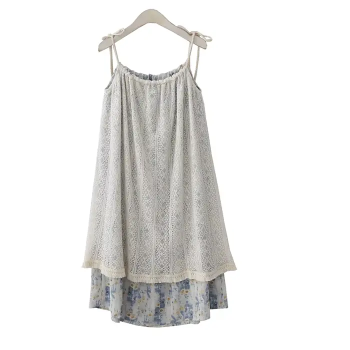 Robe d'été en dentelle style plage glands fleurs jupe mi-longue superposée bleue café femmes vacances bord de mer occasions spéciales