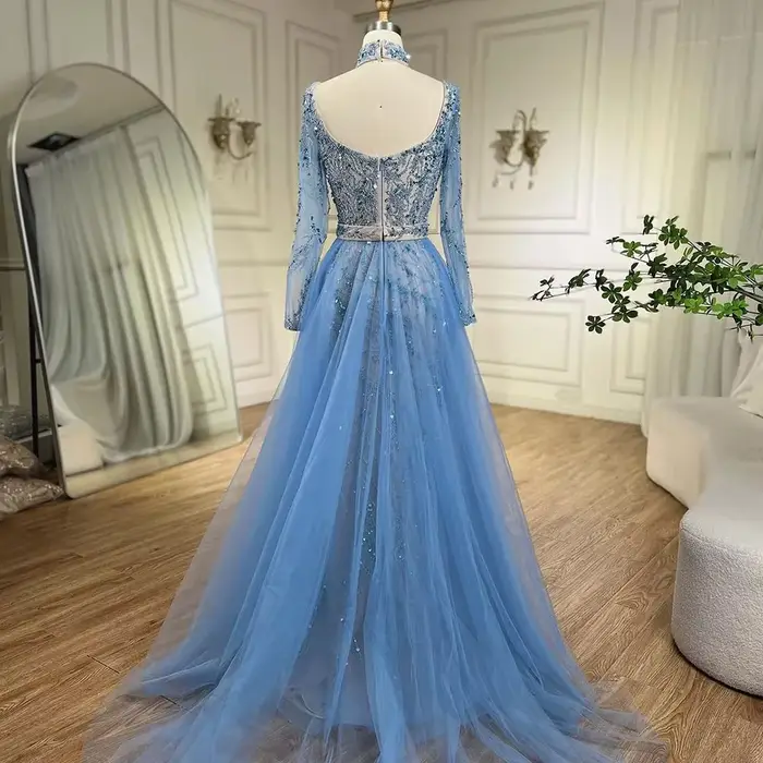 Robe de soirée sirène bleue avec perles et paillettes pour femmes élégantes occasions spéciales soirée officielle晚会晚宴露背长裙女士礼服连衣裙夜店派对晚礼服蓝色带珠光亮片高腰收腰露背鱼尾裙