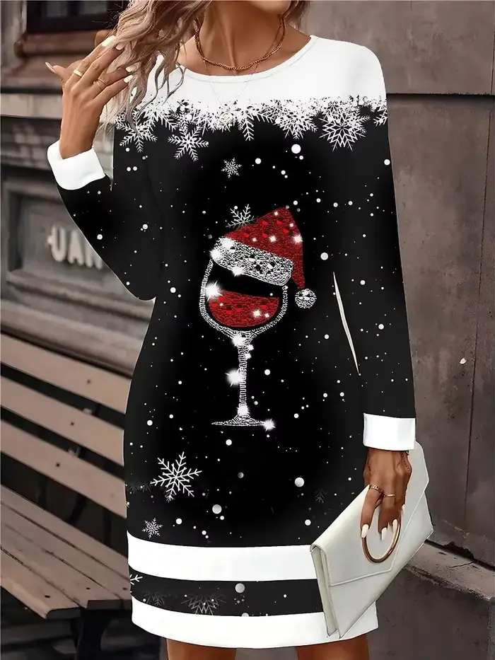 Femmes robe de noël mode décontracté noël flocons de neige verre à vin imprimé Mini robe à manches l