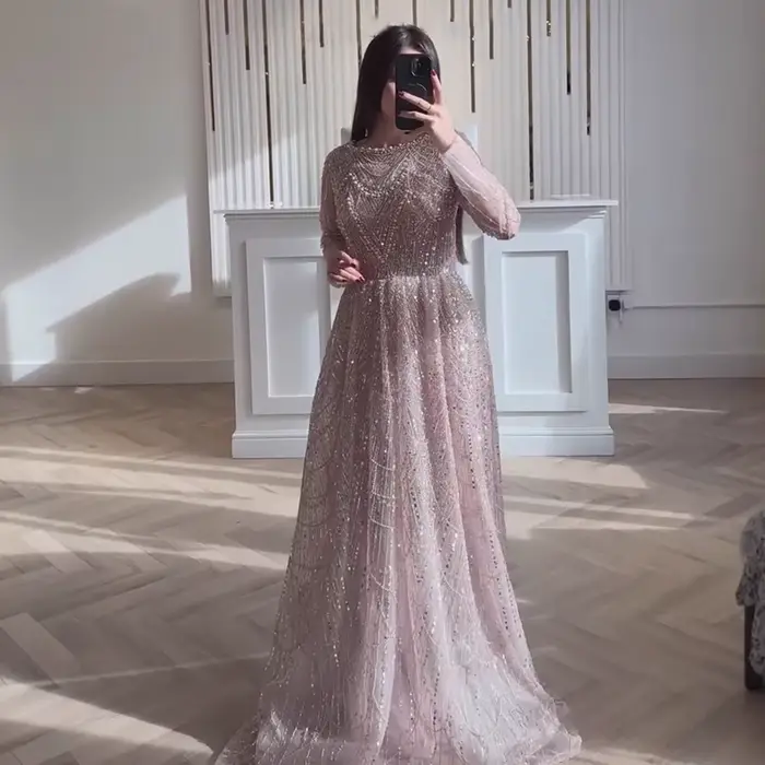 Luxe vert Olive à manches longues perlée une ligne robe de soirée pour la fête de mariage bal Serene Hill 2025 personnalisé LA72738B grande taille