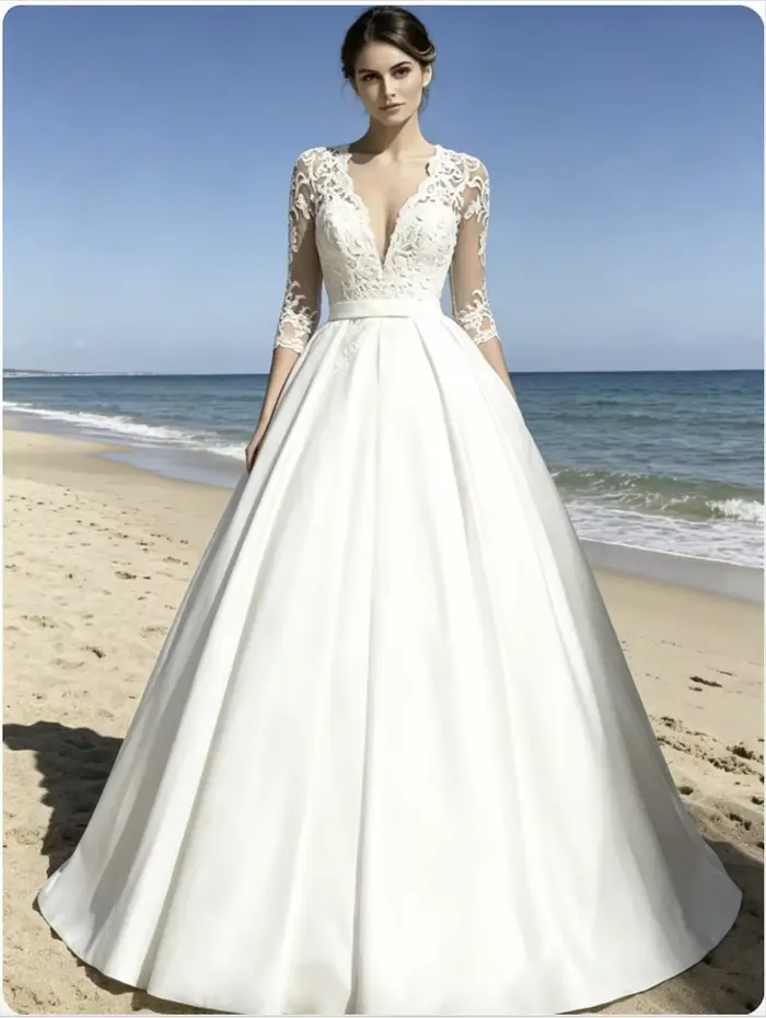 Robes de mariée en dentelle personnalisables, à manches mi-longues, col en V, avec traîne et poches