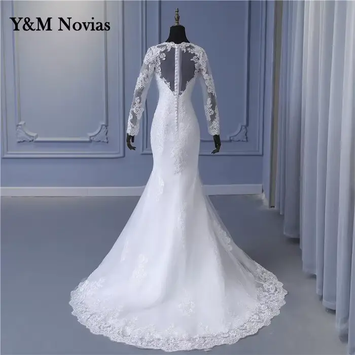 Y & M Sexy Illusion sirène robes De mariée dentelle Appliques perlée robe