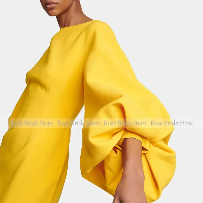 Robe de cocktail personnalisée jaune mangue col bateau manches bouffantes coupe colonne longueur thé pour femmes occasions spéciales