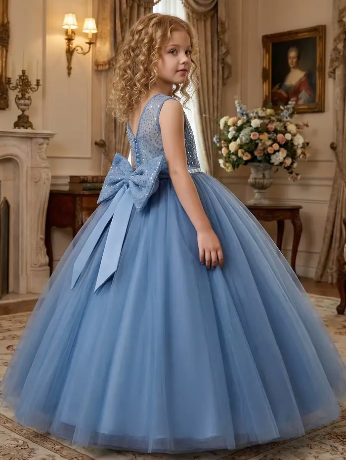 Robe de soirée longue gris-bleu pour filles avec grand nœud et col en V – Une magnifique robe de soirée pour anniversaire, bal, banquet