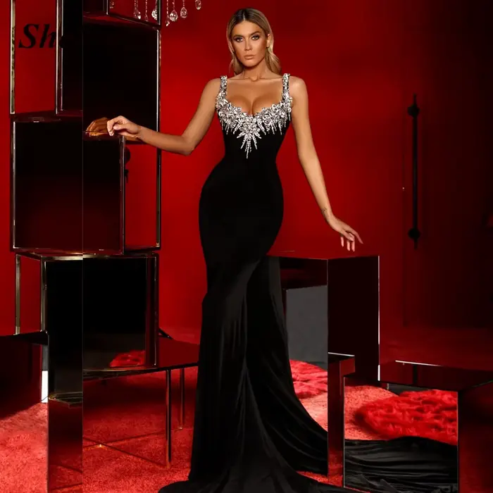 Shelina-Robe de Soirée Longue en Velours et à Bretelles Spaghetti, Tenue Luxueuse de Forme Sirène à 