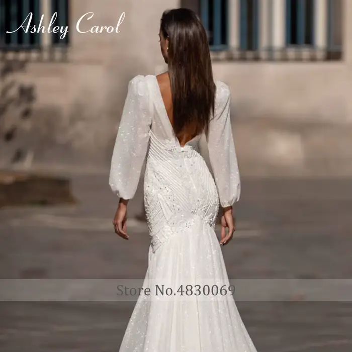 Ashley Carol-Robes de mariée sirène à manches bouffantes