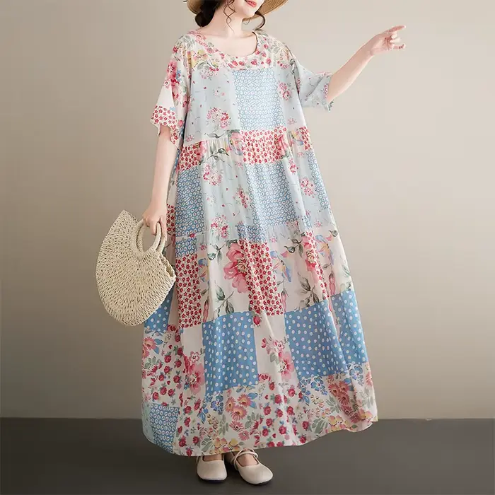 Robe longue bohème en coton et lin pour femmes grandes tailles