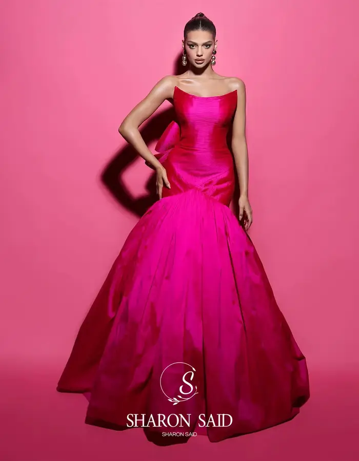 Sharon Said robe de soirée sirène vert émeraude avec nœud rouge rose pour les femmes