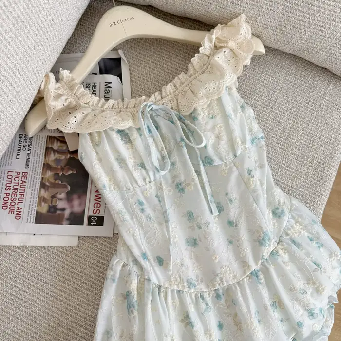 Robe de soirée longue en dentelle à fleurs françaises pour femme style doux bleu rose taille S à XL