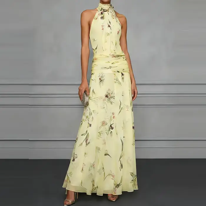 Robe d'été décontractée style bohème imprimé floral plissée sans manches col halter taille haute pour femmes occasions spéciales