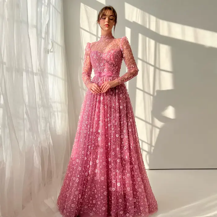 Robe de soirée Sharon Said rose de luxe avec fleurs 3D et nœud papillon pour femmes occasions formelles soirées de gala