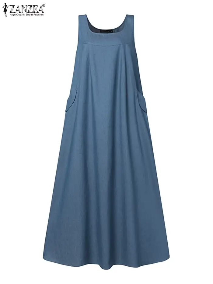 Robe ZANZEA en viscosé décontractée pour femmes, robe de couleur unie, sans manches, idéale pour les occasions estivales et spéciales