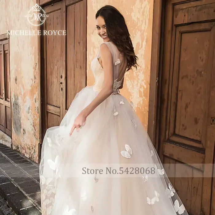 Michelle Royce a-ligne robes De mariée pour les femmes Sexy chérie Illusion ceintures bouton Court Train robe