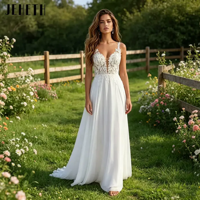 Robe de mariée bohème personnalisée en polyester mousseline avec train de balayage pour femmes enceintes occasions spéciales mariage destination