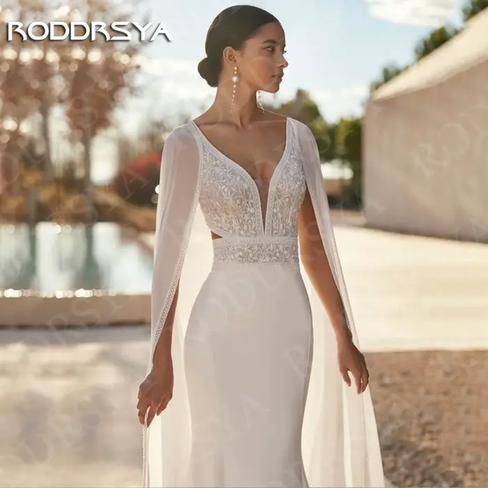 Robe de mariée sirène personnalisée en polyester satinée avec châle dentelle pour femmes, col en V, dos ouvert, train de balayage, style bohème, occassions spéciales