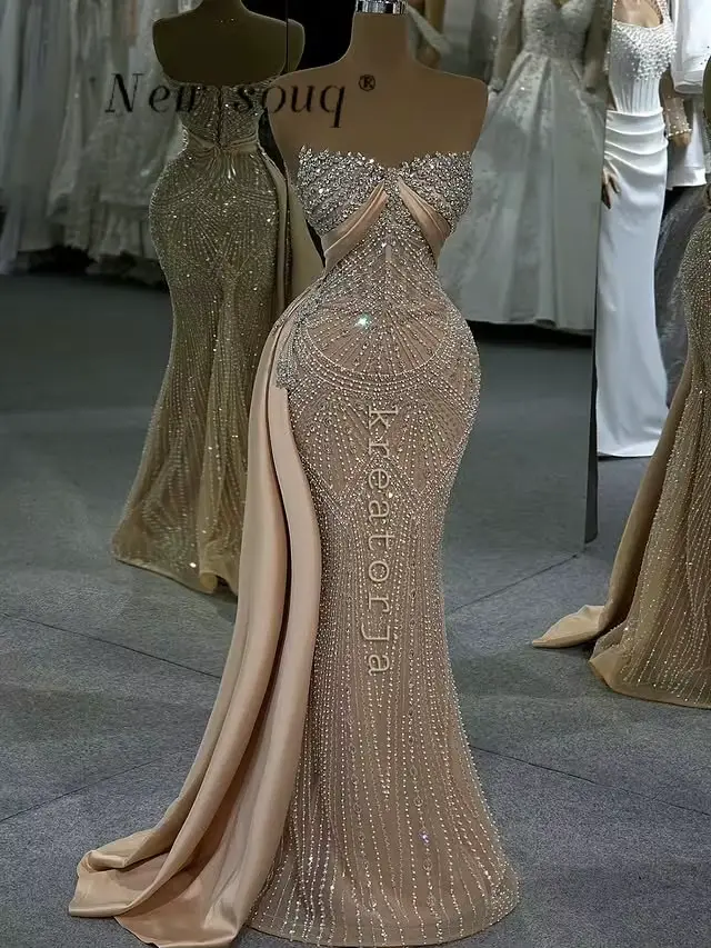 Robes de bal longues élégantes couleur champagne 2026, ornées de cristaux, style sirène, pour invité