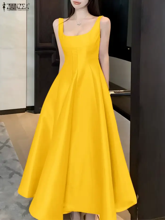 Femmes mode 6 couleurs Satin Cocktail longue robe ZANZEA élégant col carré sans manches a-ligne robes de soirée pour femme