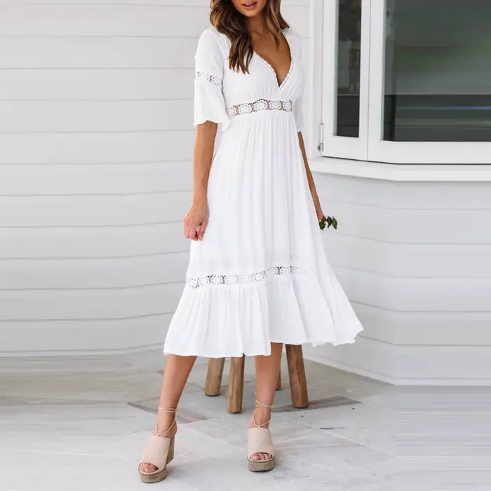 Robe en polyester décontractée avec décolleté en V et dentelle pour femmes, idéale pour les mariages, les soirées et les vacances