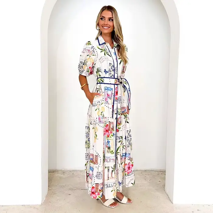 Robe longue imprimée à la mode pour femmes, col rabattu, manches courtes, drapée à lacets, robes de 