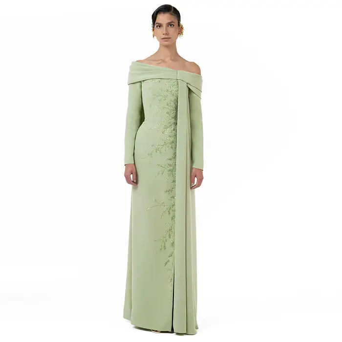Robe de soirée longue en polyester avec perles et cristaux décolleté hors de l'épaule pour mariage et gala élégant