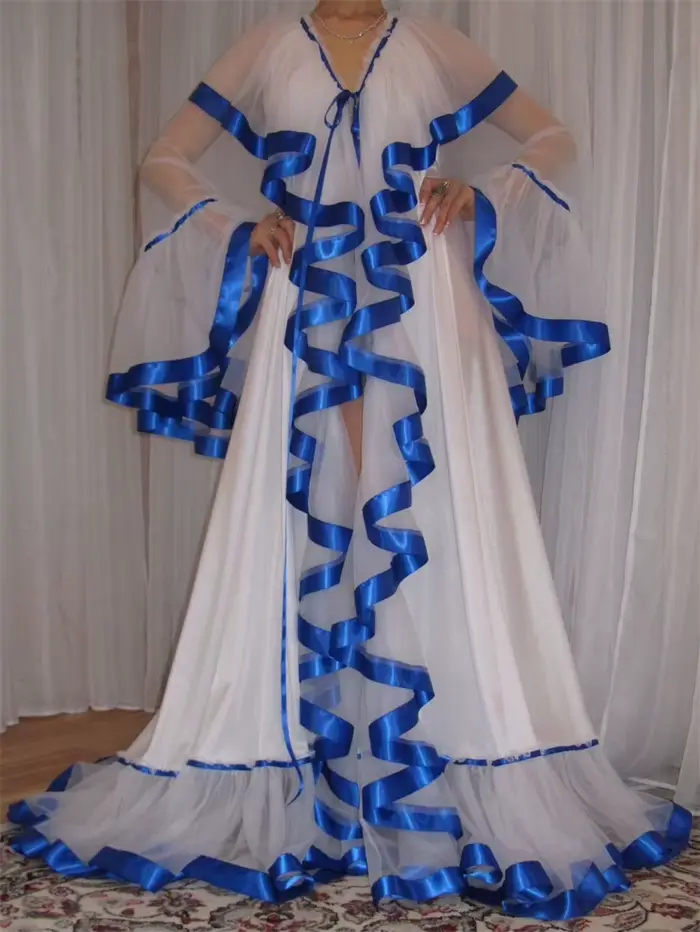 Bleu blanc femme robe de bal de mariage Sexy col en V manches longues Robes de matin de mariée robe