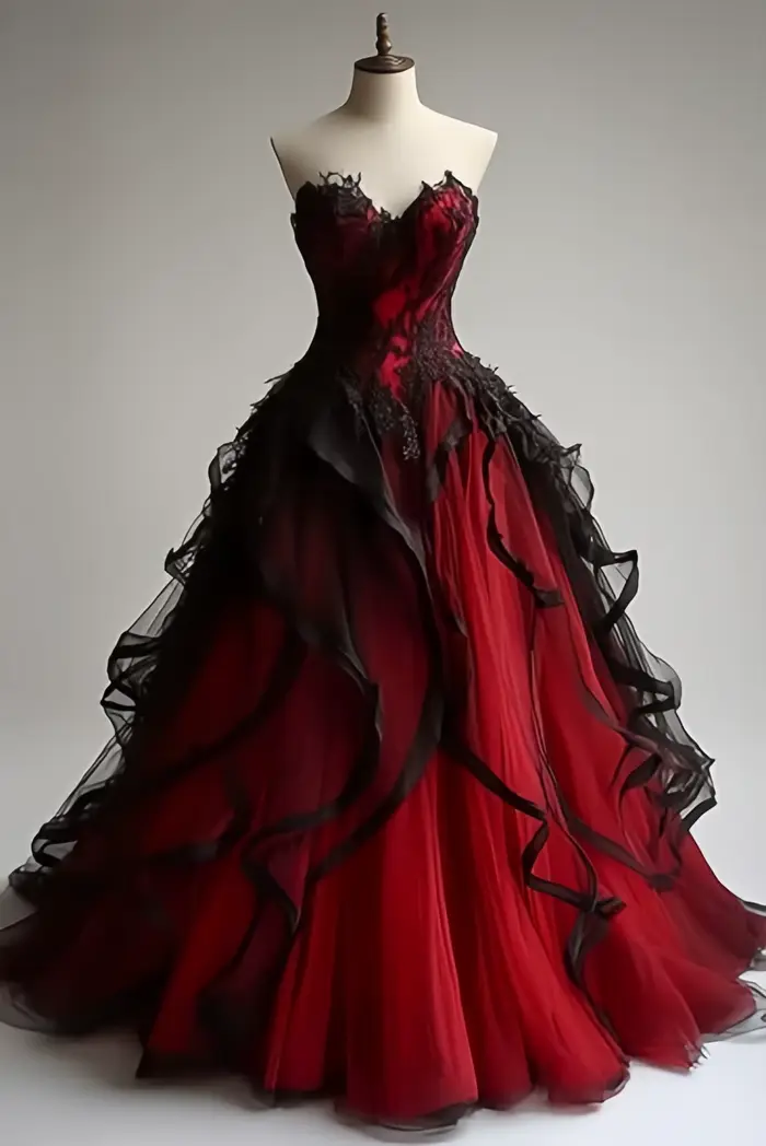 Robe de mariée gothique en tulle superposé avec détails en dentelle pour femmes romantiques et modernes occasions spéciales