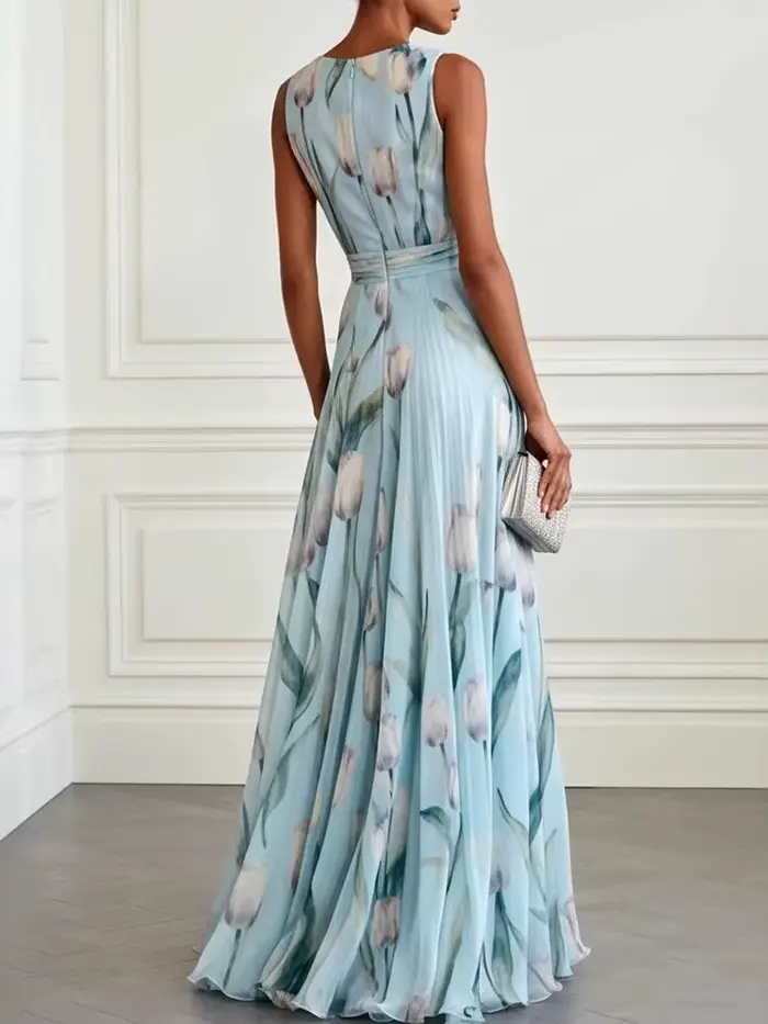 Robe longue en mousseline de soie à imprimé tulipes sans manches pour femmes, élégante et décontractée, idéale pour banquet et soirées spéciales