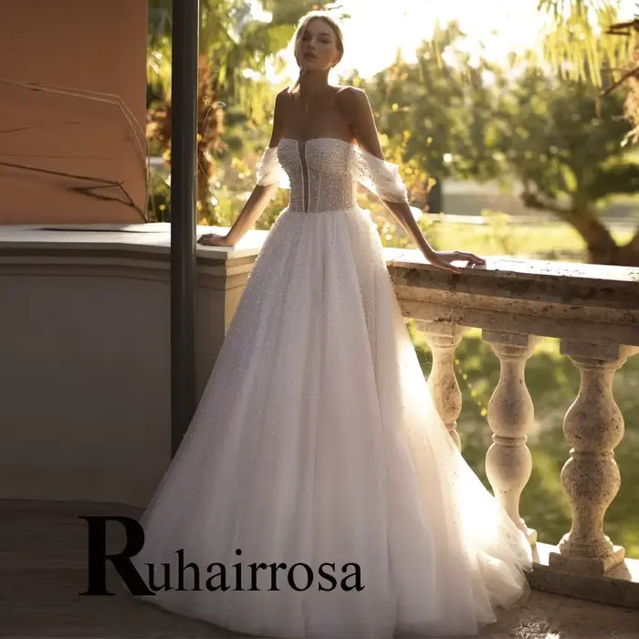 Ruhair charmante robe de mariée pour mariée hors de l'épaule perles a-ligne à lacets plissé fiançail