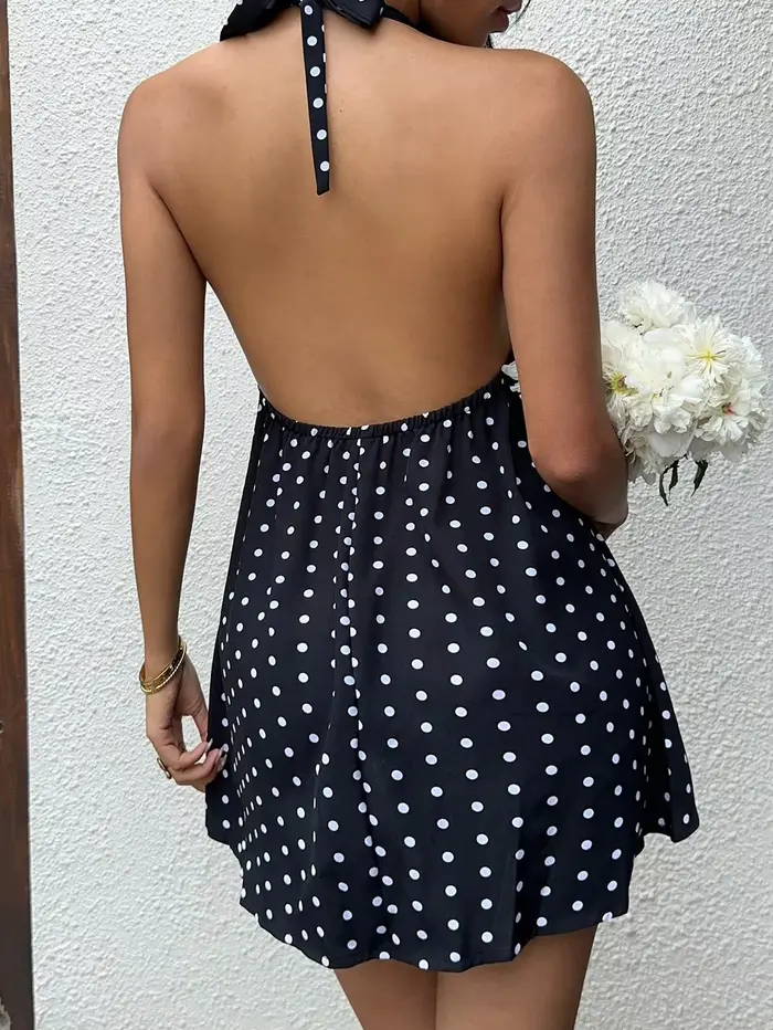 Robe de vacances noire à pois et col licou avec jupe courte et nœud papillon pour femmes, élégante et sexy, ajustée et évasée, idéale pour toutes les saisons et occasions