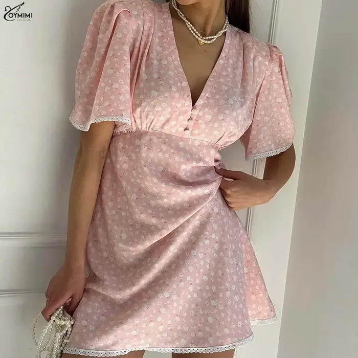 Oymimi élégant rose imprimé robes pour femme mode col en v à manches courtes dentelle bouton