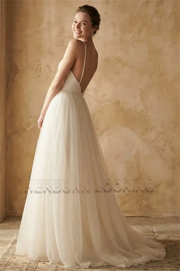 Robe de mariée HERBURN trapèze moderne en polyester avec col en V et bretelles spaghetti pour femmes occasions spéciales
