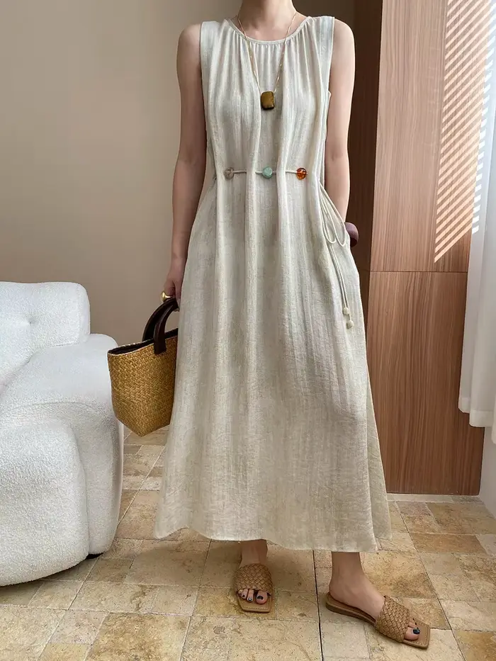 Robe ample décontractée sans manches en soie avec broderies et appliques pour femmes, printemps et été