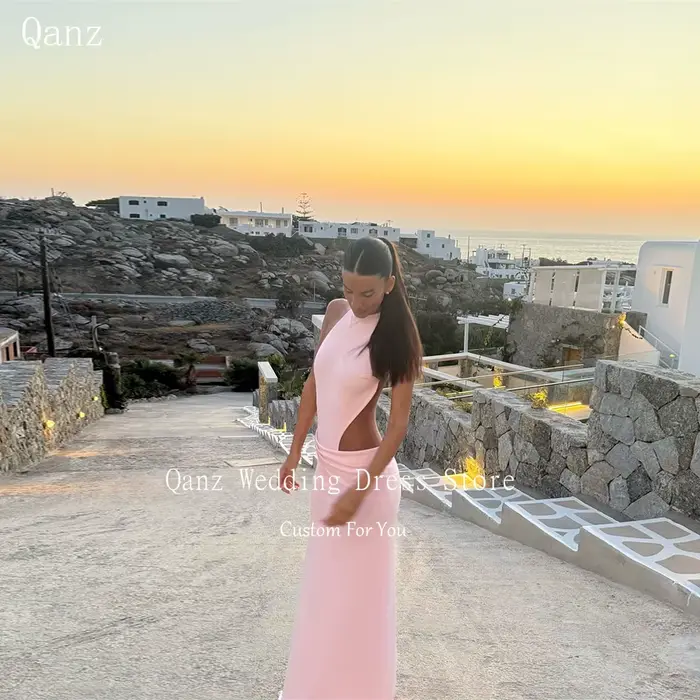 Qanz – robe De soirée en Satin rose, style sirène, sans manches, Sexy, dos nu, élégante, pour événem
