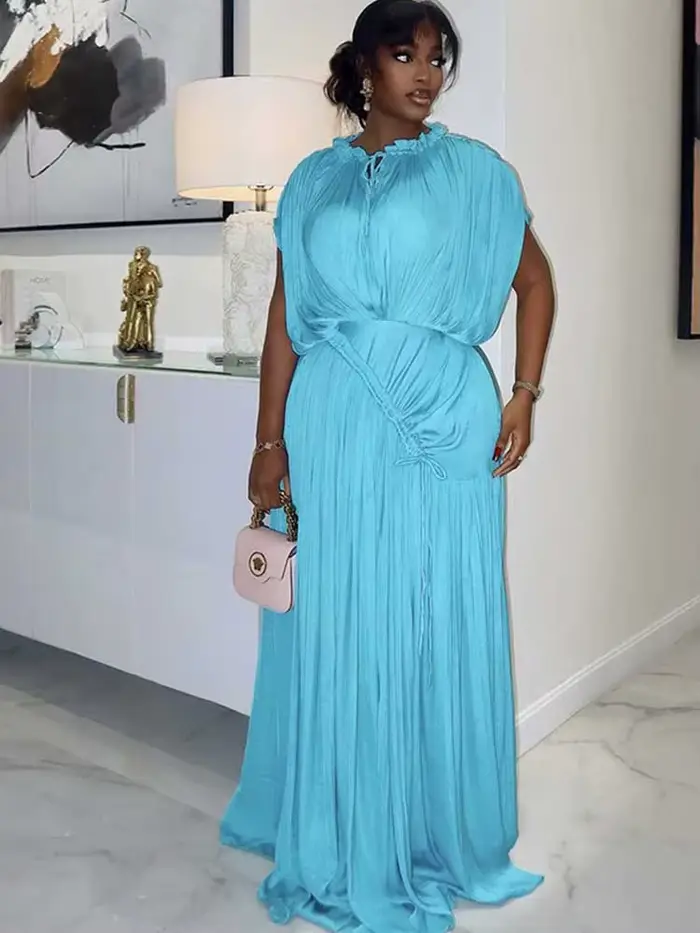 Robe longue d'été pour femme, taille haute, drapée, chic, bleu ciel, robe droite, une pièce, décontractée, élégante, maxi, pour le soir