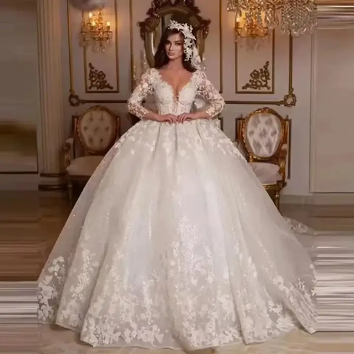 Vintage dentelle col en V robes de mariée princesse robe de bal robes de mariée brillant Tulle manch