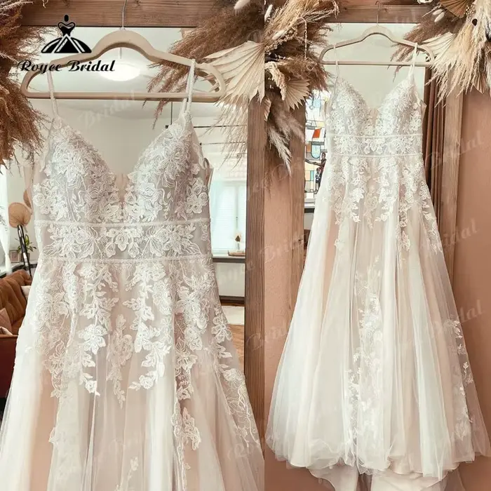 Robe de mariée bohème avec appliques en dentelle, bretelles spaghetti, ligne A, Boho, patients perso