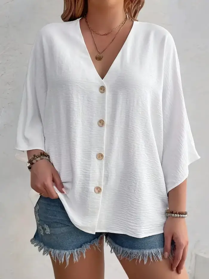 Blouse ample col en V polyester élasthanne manches longues blanche beige bleu pour femmes occasions spéciales printemps été