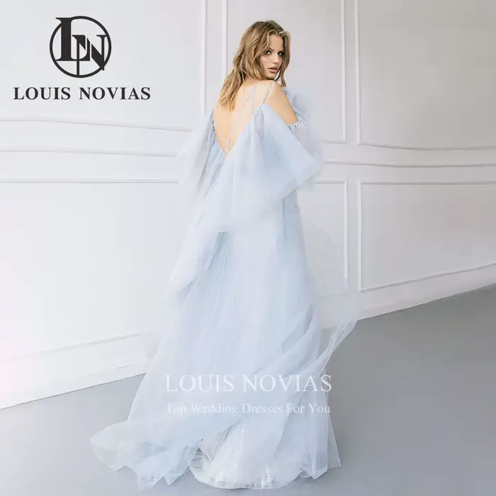 Robe de mariée A-Line en tulle bleu dos nu bretelles spaghetti col en V pour femmes occasions spéciales mariage soirée gala