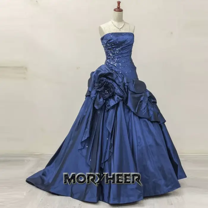 MORYHEER Robe de bal élégante froncée sans bretelles avec fleurs 3D et strass, coupe trapèze sans ma