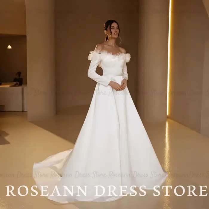 Robe de mariée Roseann élégante à épaules dénudées, robes florales 3D polyester avec train de balayage, coupe trapèze, pour femmes occasions spéciales