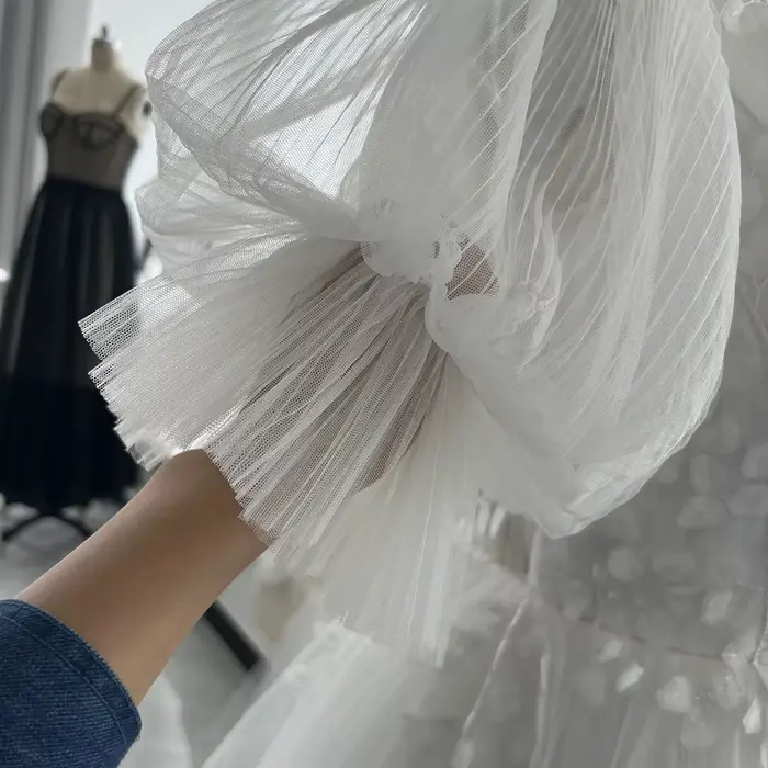 Mryarce Robe de mariée courte en tulle froncé avec manches bouffantes et dentelle