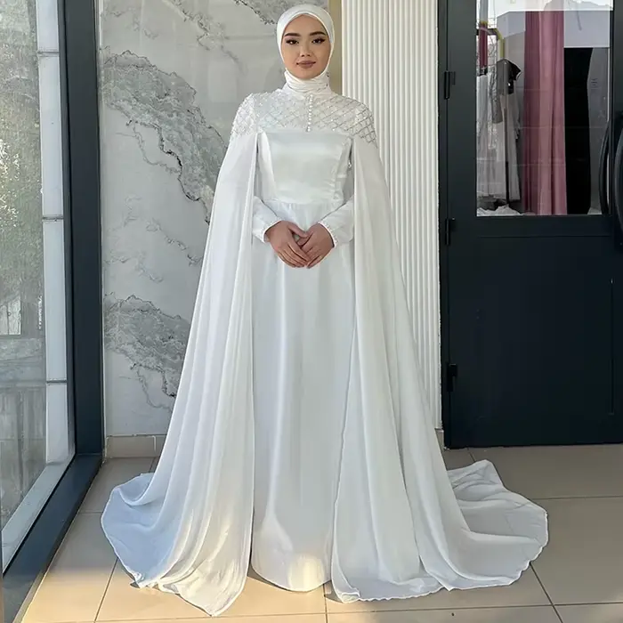 Robe de soirée classique en mousseline de soie blanche, col rond doux, manches longues, personnalisé