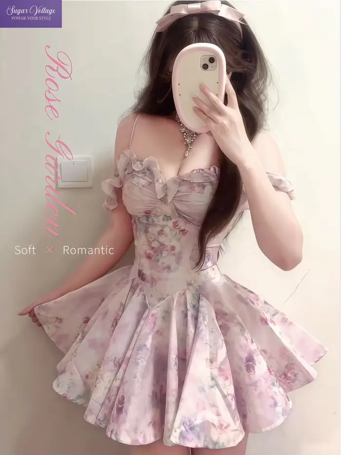 Robe Courte Femme Coquette Vintage à Imprimé Floral Rose