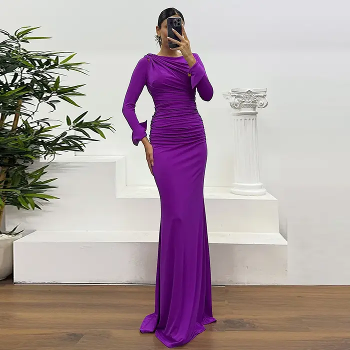 Robe de soirée sirène sur mesure, style saoudien, longue jusqu'au sol, à manches longues, col rond, plissée, pour mariage et fête