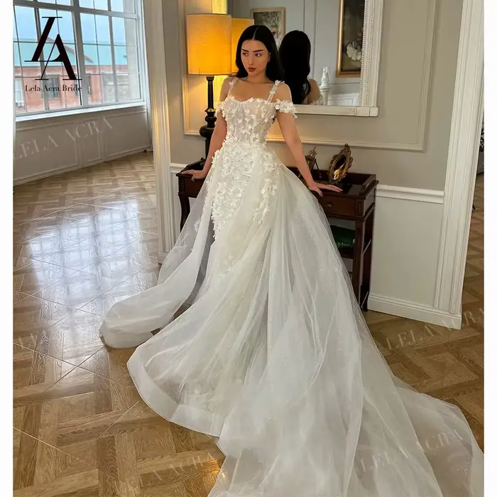2 en 1 chérie robe de mariée sirène 2026 brillant 3D fleurs princesse