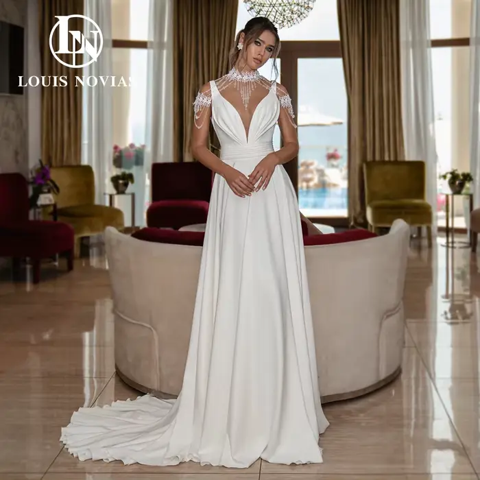 Modiis-Robe de mariée A-Line dos nu avec décoration en dentelle de cristal, robe de patients, satin,