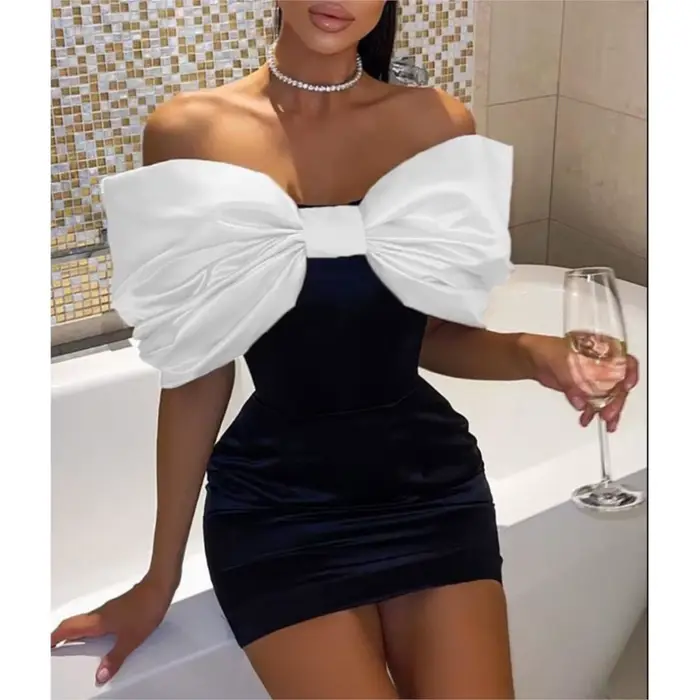 Robe élégante et douce avec nœud papillon pour femmes, polyester, coupe moulante, décolleté en arc, mode banquet, printemps automne 2025